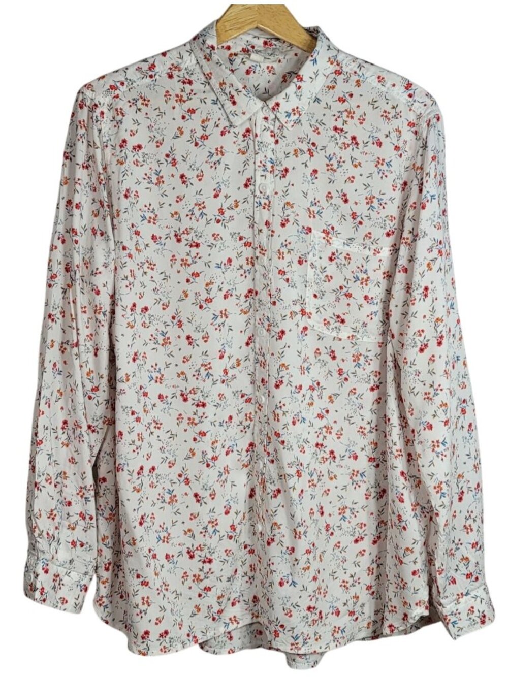 Beach Lunch Lounge Womens Floral Top Multi XL Button Front Roll Tab Long Sleeve